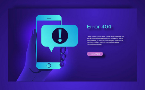 404错误概念智能手机在手与警告消息。404错误的网页设计模板