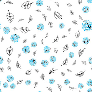 浅蓝色矢量无缝涂鸦背景与叶子花。 一幅优雅明亮的插图，有叶子和花。 时尚面料壁纸的图案。