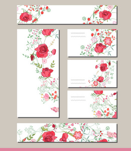 花春模板与可爱的红玫瑰束。用于浪漫和复活节的设计，公告，贺卡，海报，广告。