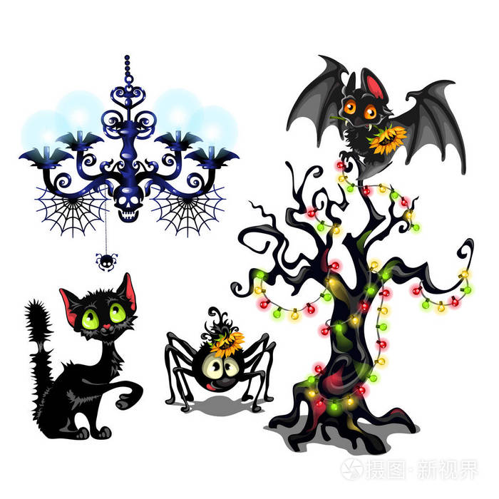 可爱的蝙蝠, 树与花环, 黑猫, 蜘蛛, 庆祝万圣节的所有邪恶精神的一天