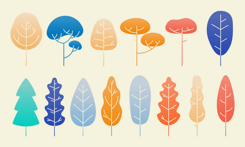 树叶和自然计划平面设计模板。 秋树叶或秋树枝的载体分离集，用于自然平面插图元素