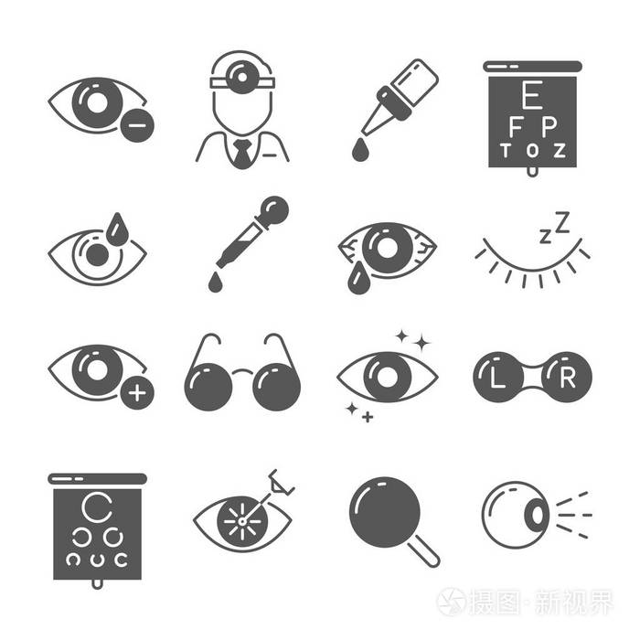验光图标.眼睛和眼镜, 视力和镜头, 激光手术标志.眼科向量符号