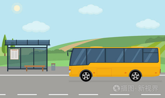 乡村景观与道路公交车站和移动公交. 平面样式矢量插图
