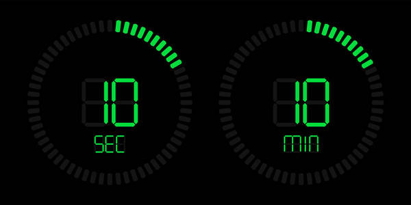 秒表计时器或数字倒计时与矢量分秒显示。 黑色背景的孤立绿色照明