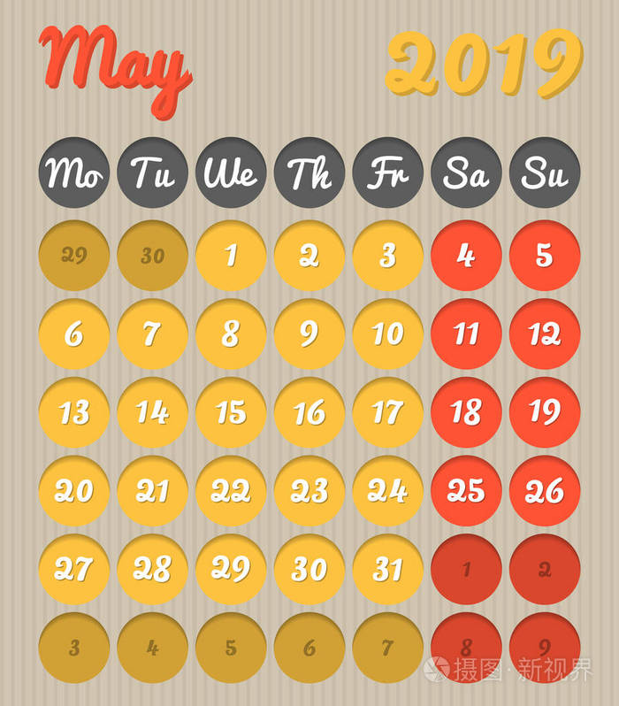 现代月计划日历的英语2019年5月纸板风格与生动的颜色黄色和红色周末