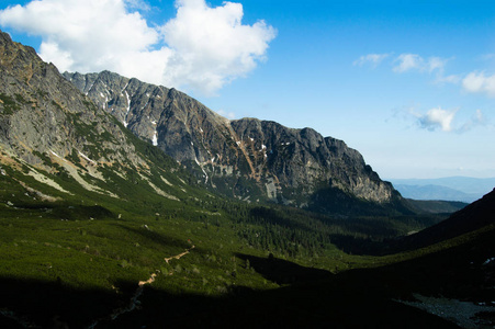 在多云的天空下，如诗如画的山和山谷树林