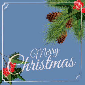 圣诞快乐, 新年贺卡与 Chrirstmas 装饰冷杉锥, 冬青浆果。矢量插图, 横幅, 海报