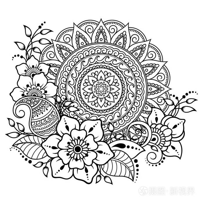 圆形图案以曼陀罗的形式,花为指甲花. 东方民族风格的