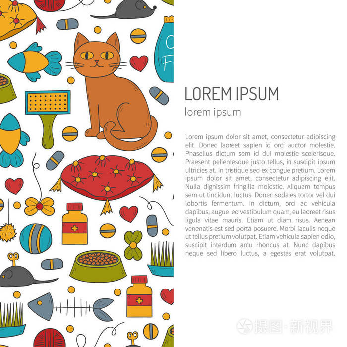 矢量卡通插图与手绘猫护理事物背景鼠标食品宠物屋食品碗一套猫的东西