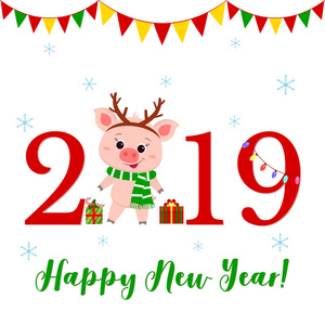 新年快乐, 圣诞祝福贺卡。鹿角逗人喜爱的猪和条纹围巾。农历新年的象征。2019. 向量