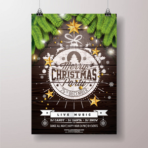 圣诞节党传单例证与金星和排版刻字 onvintage 木背景。邀请或横幅的矢量庆典海报设计模板