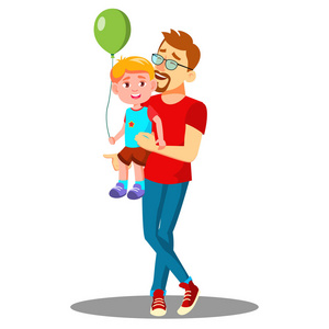 年轻的父亲与气球在他的胳膊向量的孩子。孤立的插图