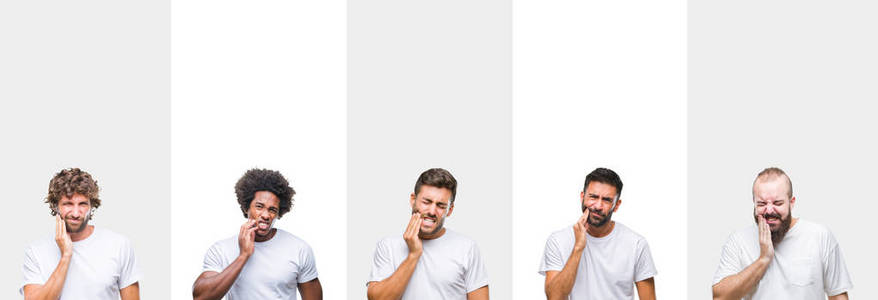 年轻的白种人西班牙裔非洲男子拼贴，穿着白色T恤，在白色孤立的背景上，用手触摸嘴，因为牙痛或牙齿上的牙齿疾病，表情痛苦。 牙医的概