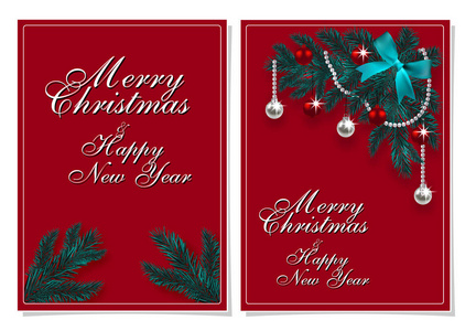 圣诞快乐, 新年愉快。在杉木树上 Chrirstmas 装饰的贺卡。插图