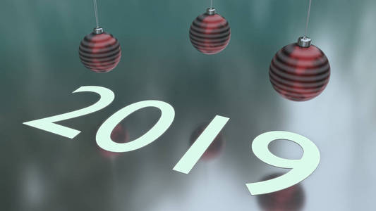 三个红色圣诞球挂在反光的地面上。 白色年份2019年用纸铺在地上。 新年快乐，2019年圣诞快乐卡。 三维渲染。