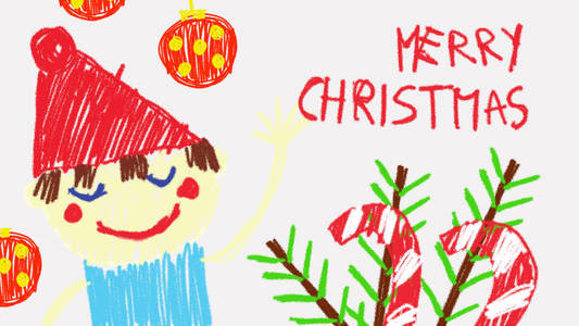 愉快的圣诞动画绘制与毛毡笔尖笔由一个孩子, 非常丰富多彩和愉快的动画背景