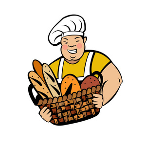 一个可爱的微笑面包师拿着一大篮子新鲜烘焙的面包。 面包店徽的矢量插图。