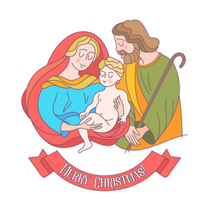圣诞快乐。 矢量贺卡。 圣母玛利亚婴儿耶稣和圣约瑟夫订婚。