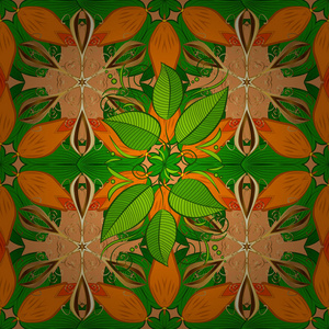 在橙绿色和棕色上分离。 矢量图。 无缝的彩色图案。 明亮的绿松石无缝图案瓷砖与叶花，蕨类和树枝。