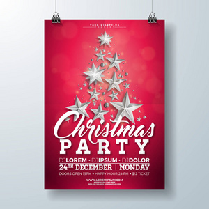 圣诞节党传单例证与银色的明星和排版字体在红色背景。向量节日庆典海报设计模板的邀请或横幅