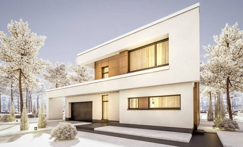 三维渲染现代舒适的房子与车库出售或租赁与许多雪在草坪上。 凉爽的冬季夜晚，从窗户发出舒适温暖的光。