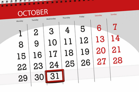日历规划器月份, 截止日期 2018 10月, 31, 星期三