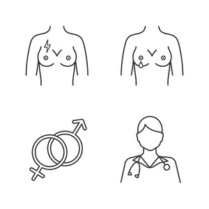 妇科线性图标设置。 乳房疼痛，溢液，异性恋，象征妇科医生。