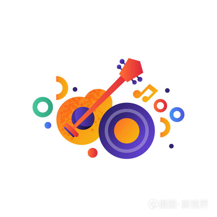 吉他和乙烯基盘, 音乐娱乐表演符号矢量插图在白色背景上