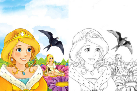 卡通童话场景与美丽的公主精灵女孩看飞翔的杜鹃鸟插图儿童