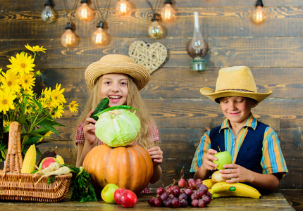 秋收节。孩子们玩蔬菜南瓜白菜。孩子们的小女孩戴着帽子庆祝丰收节质朴的风格。庆祝丰收假期。小学秋季节日的想法
