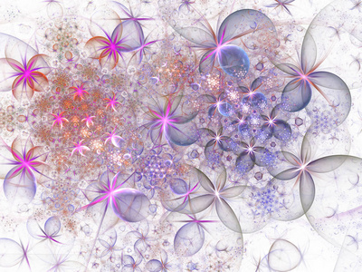 柔软发光的层状花瓣图案。 火花效应计算机生成分形抽象背景。 奇幻花卉设计。