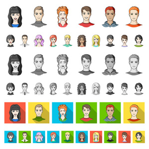 头像和脸部卡通图标在集合中进行设计。一个人的外貌矢量符号股票 web 插图