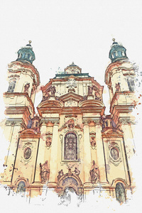 一幅水彩素描或一幅关于主耶稣诞生的天主教教会的插图。布拉格洛雷托