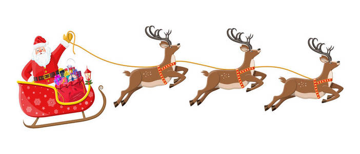 圣诞老人雪橇上满是礼物和驯鹿