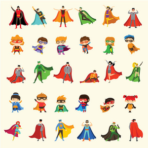 滑稽漫画超级服装中女性男性和儿童超级英雄平面设计中的矢量插图