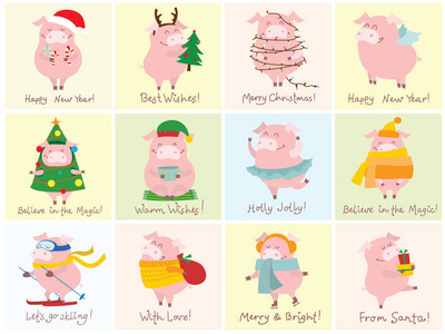 圣诞礼物和有趣的手绘圣诞问候语的黄猪卡片