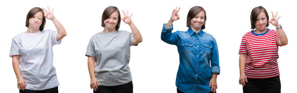 拼贴下来的妇女在孤立的背景上微笑积极做好手和手指的OK标志。 成功的表达。