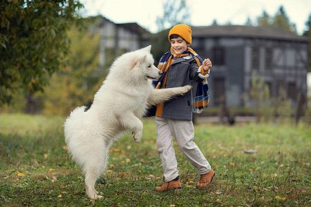 男孩在公园里玩狗的完整镜头