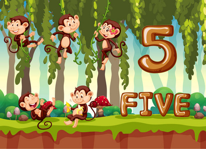 丛林插图中的五只猴子