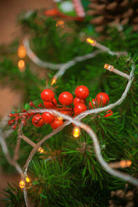 针叶树枝的圣诞花环，有圆锥形和红色浆果，还有灯和玩具的花环