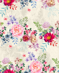 无缝水彩花卉设计与白色背景的纺织品印花。