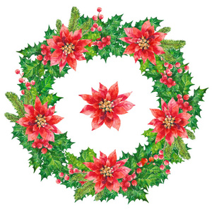 圣诞复古装饰与红色一品红和绿色冬青叶水彩圈隔离在白色背景