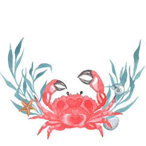 海洋主题。在白色背景的螃蟹。水彩 Handpainting