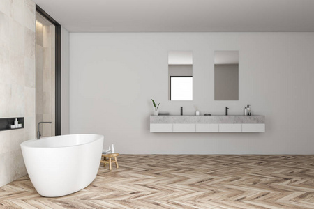 现代浴室的侧面视图，白色瓷砖墙，木制地板，白色浴缸和双水槽。 3D渲染