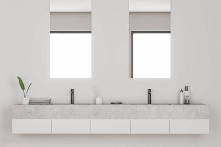 双水槽在现代浴室内部与白色墙壁。 垂直窄镜子和洗发水。 3D渲染