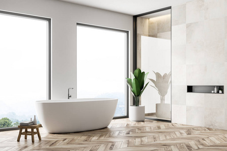 现代浴室的角落，白色瓷砖墙，木地板和白色浴缸。 阁楼窗户。 3D渲染