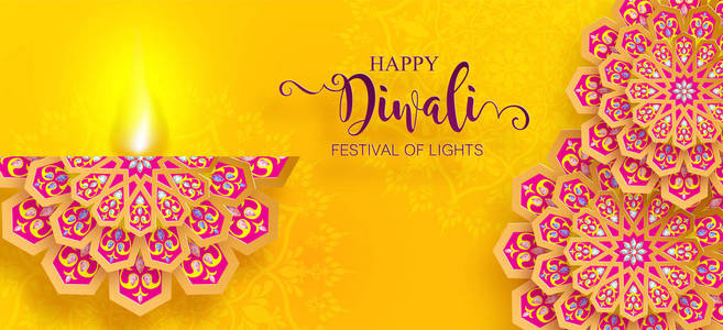 快乐的Diwali节日卡与黄金Diya图案和水晶纸上的颜色背景。