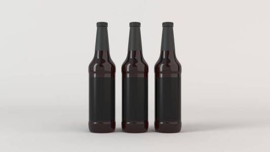 模拟三个高棕色啤酒瓶0.5l与空白黑色标签在白色背景。 设计或品牌模板。 三维渲染图