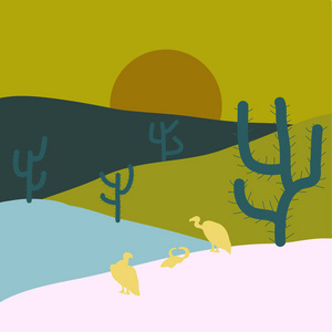 沙漠景观有仙人掌和山的背景。 黄色绿色和中性颜色的插图。 矢量图。 平面设计风格。