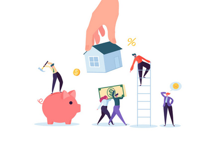 Mortrage 房子的字符支付。房地产投资。租赁或贷款家庭概念。信用债务, 金融问题。向量例证